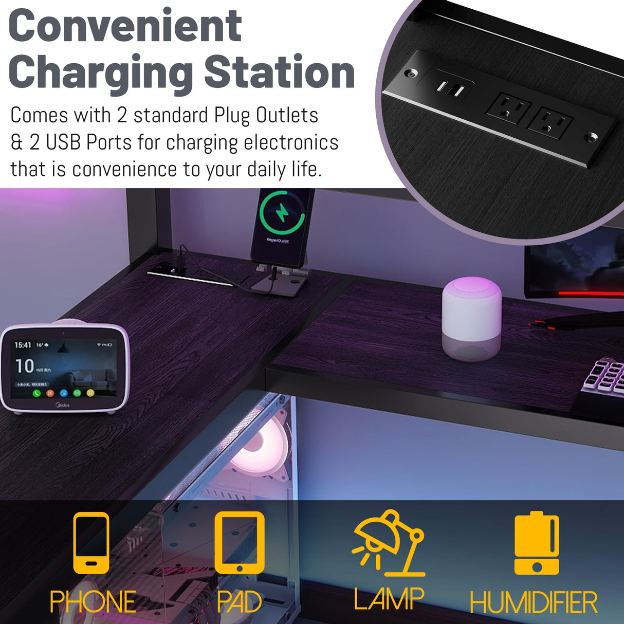 Queen Size Loft Bed with Desk,Metal Heavy Duty Queen Loft Beds with Stairs,Wardrobe and Shelves, High Gaming LoftBed with LED Light and USB Charging Station for Adults,Teens, Black Mirightone