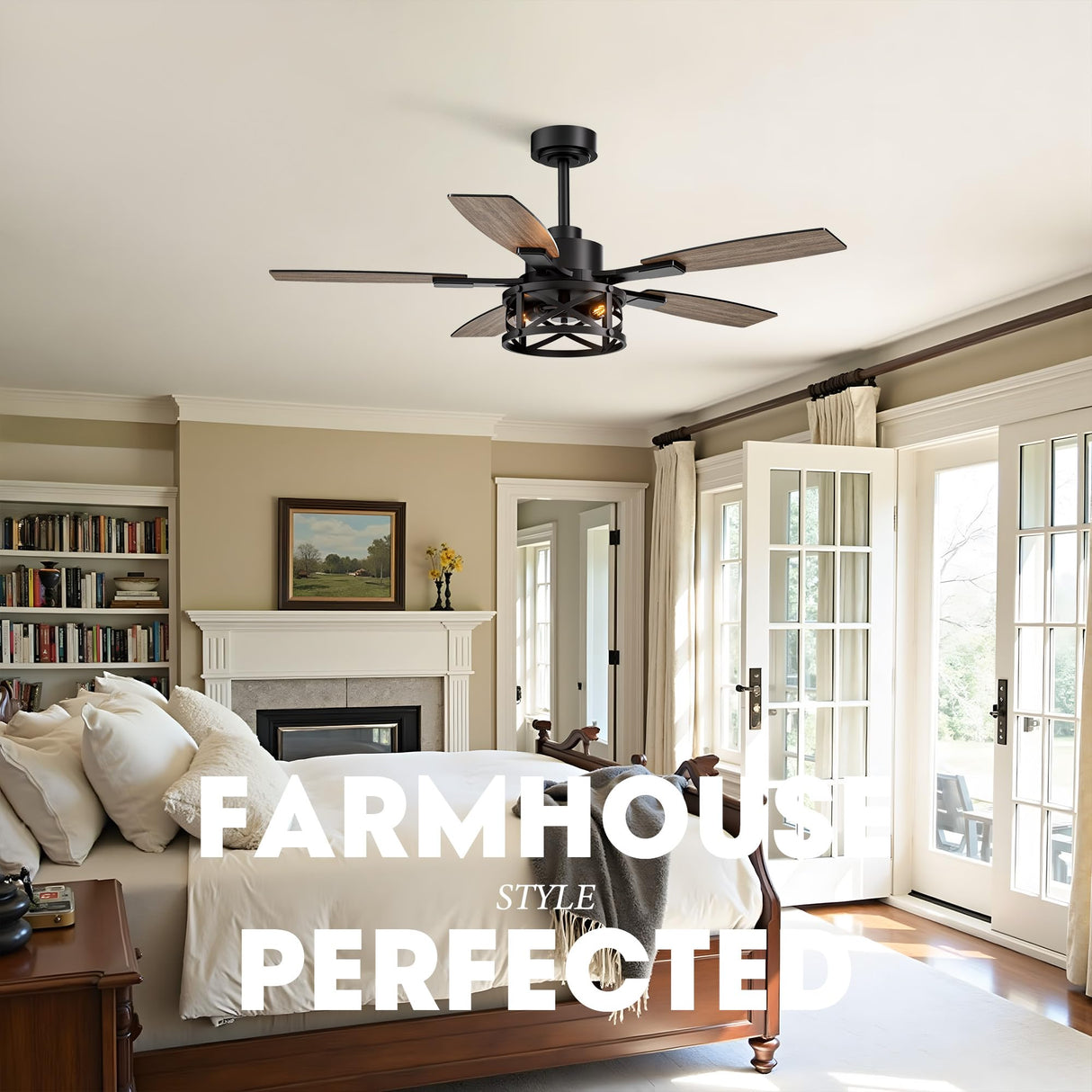 52 Inch Ceiling Fans with Lights and Remote & APP Control, Farmhouse Ceiling Fan with LED Lighting for Bedroom Living Room and Patio, Black Caged Ceiling Fan for Indoor and Outdoor(NO BULB) YouthDream