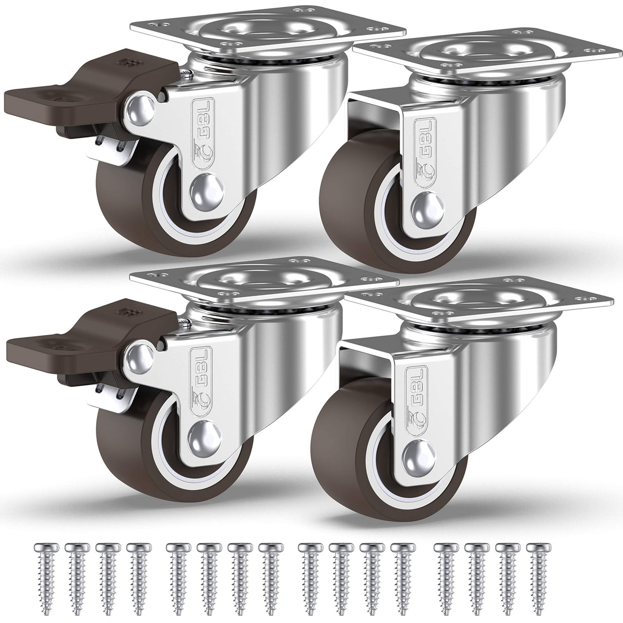 GBL 1" Small Caster Wheels with 2 Brakes + Screws - 90Lbs - Low Profile Castor Wheels with Brakes - Set of 4 No Floor Marks Silent Casters - Mini Wheels for Cart and Furniture GBL