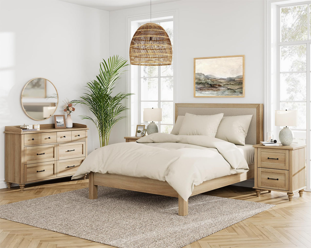 WAMPAT 2 Piece Dresser and Nightstand Sets, Wood Dresser & Chest of Drawers with 6 Drawers & Metal Handle, Farmhouse Side Table Night Stand with Charging Station, 2 Piece Bedroom Set, Oak WAMPAT