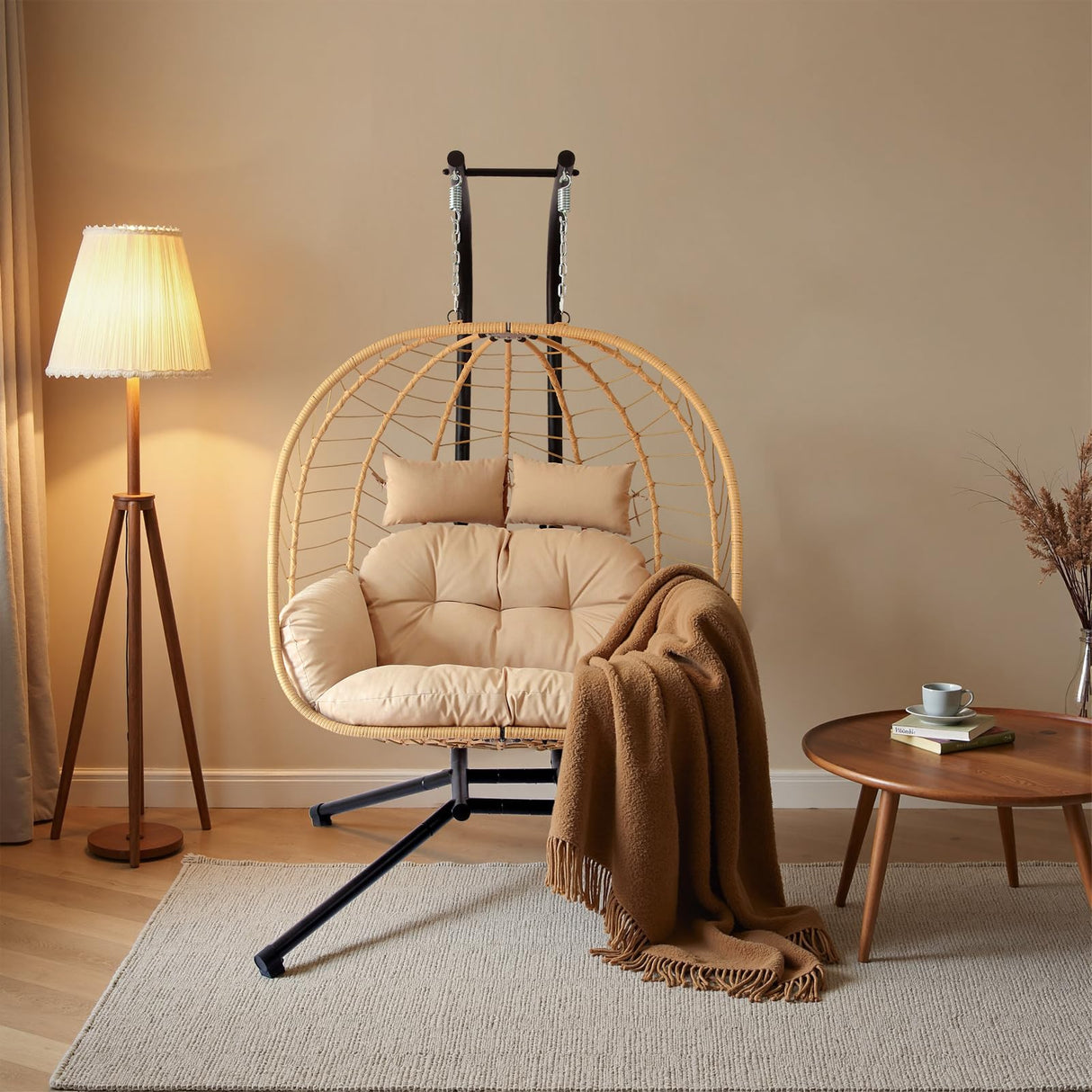 Double Egg Chair with Stand, Patio Wicker Hanging Swing Egg Chair Thickened, Galvanized Pipe Steel Frame and UV Resistant Cushion for Bedroom Garden Indoor Outdoor, 440LBS Capacity (Natural Beige) JOINFUN