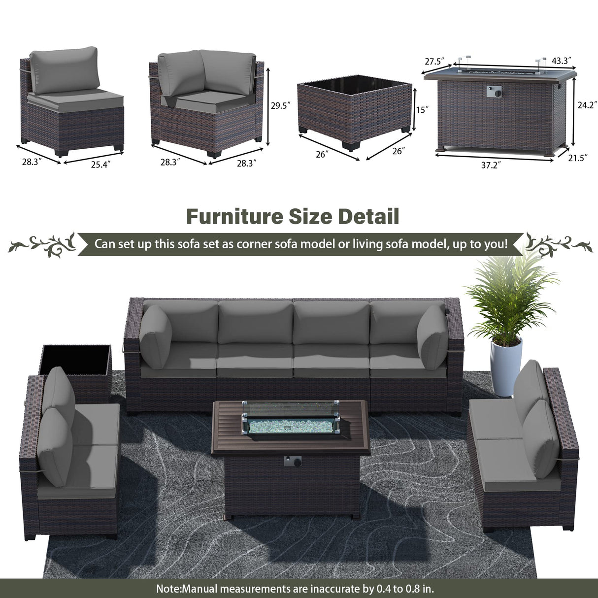 RTDTD Outdoor Patio Furniture Sets with Propane Fire Pit Table, 10 Pieces Outdoor Furniture Patio Sectional Sofa Conversation Sets w/ETL Approved 43" Gas Outdoor Fire Table & Coffee Table (Grey) RTDTD