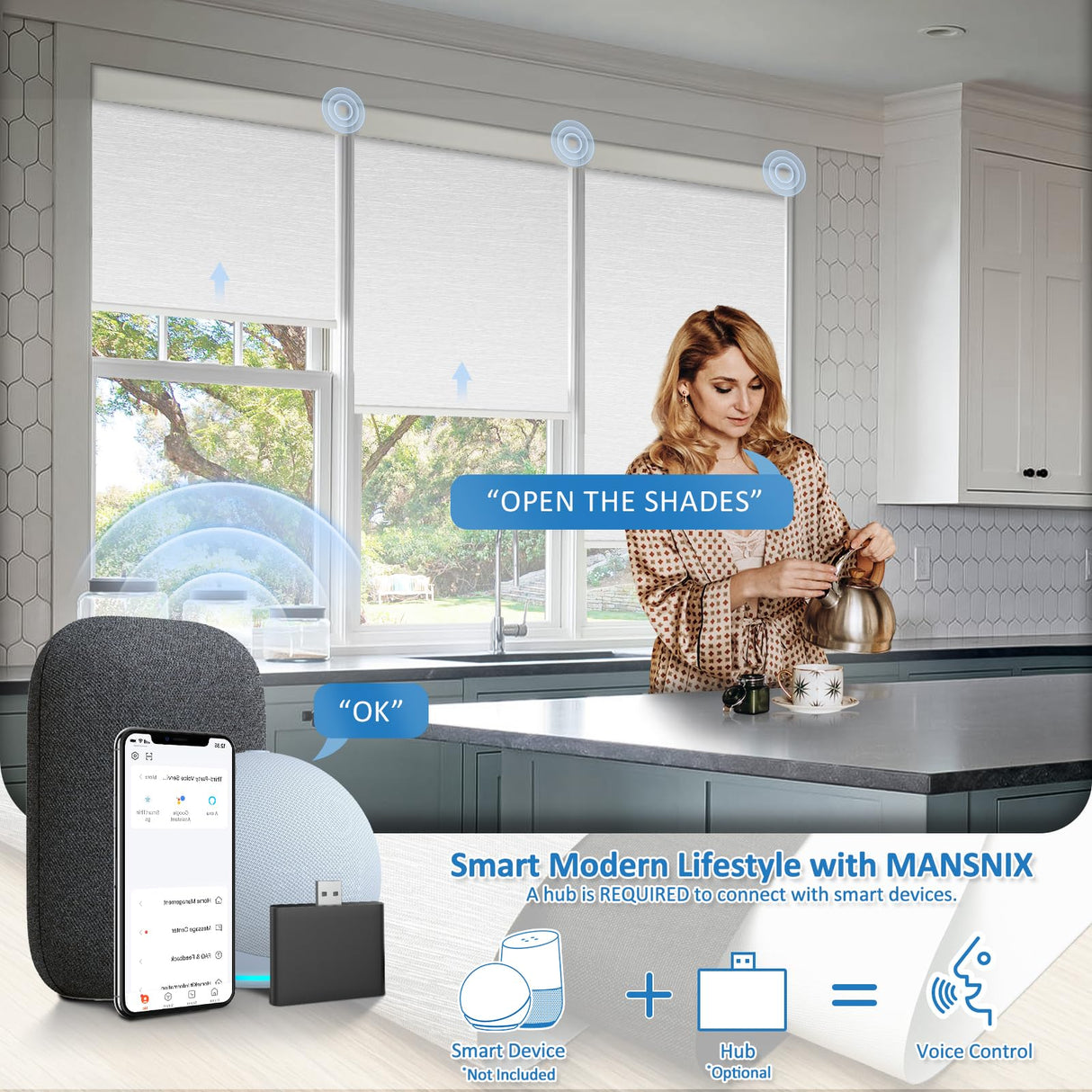 MANSNIX Smart Motorized Blinds with Remote, Cordless No-Drill Automatic Roller Shades, Blackout Electric Blind for Windows, White, 34 x 72 MANSNIX