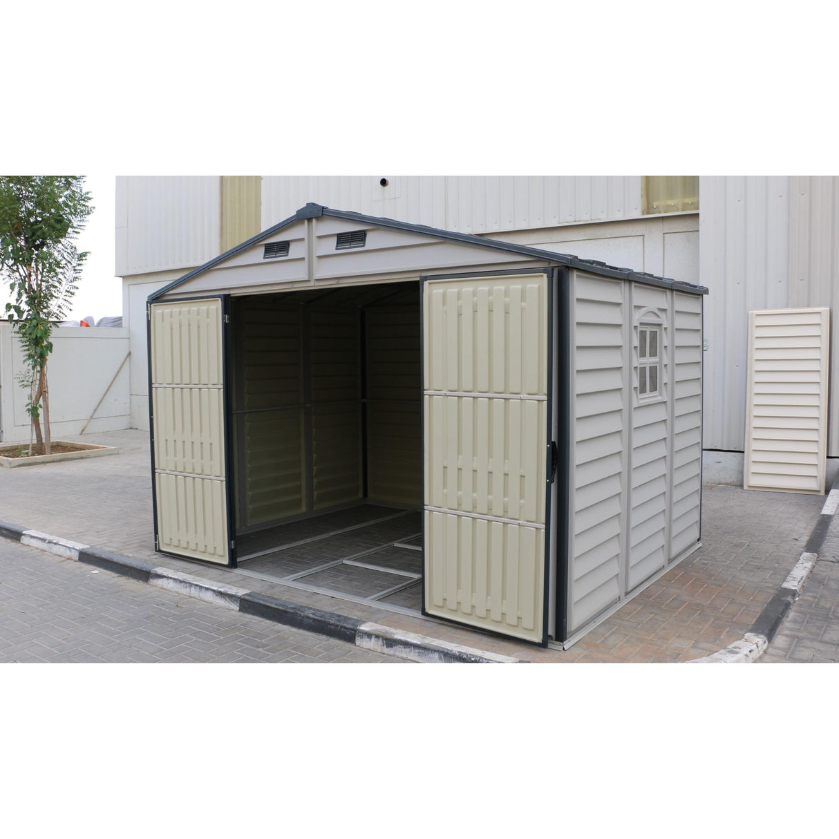 Duramax Woodside Plus 10 x 8 (8.02 m2) Plastic Garden Shed with 3 Fixed Windows & Metal Foundation Kit, Strong Metal Roof Structure Fire Retardant and Maintenance-Free Storage Shed - Dark Grey/Adobe DURAMAX