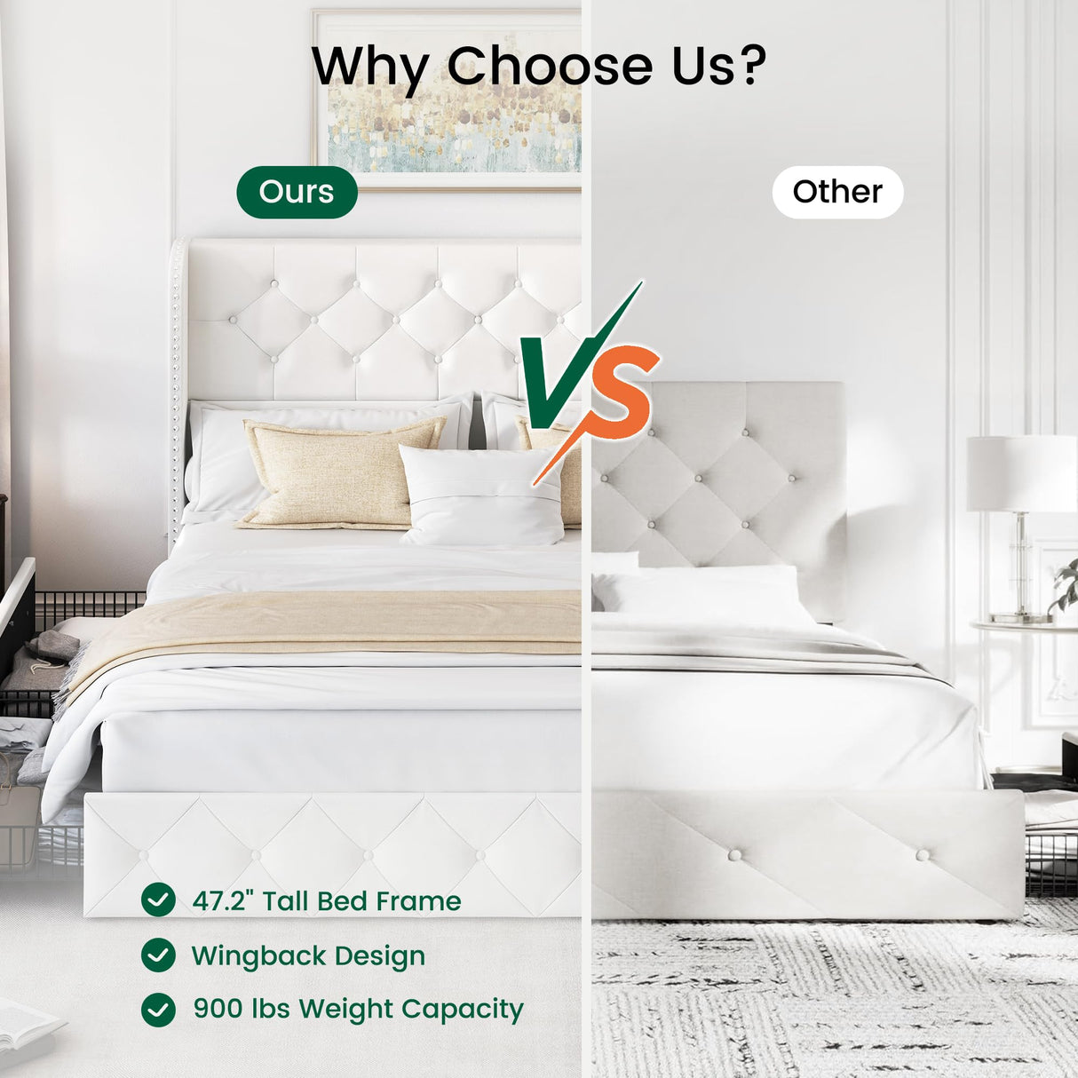 LARMACE Queen Size Bed Frame with 4 Storage Drawers and Wingback Headboard Velvet Upholstered Platform Bed Frame Tufted Beds with Wooden Slats Support, Easy Assembly, White LARMACE