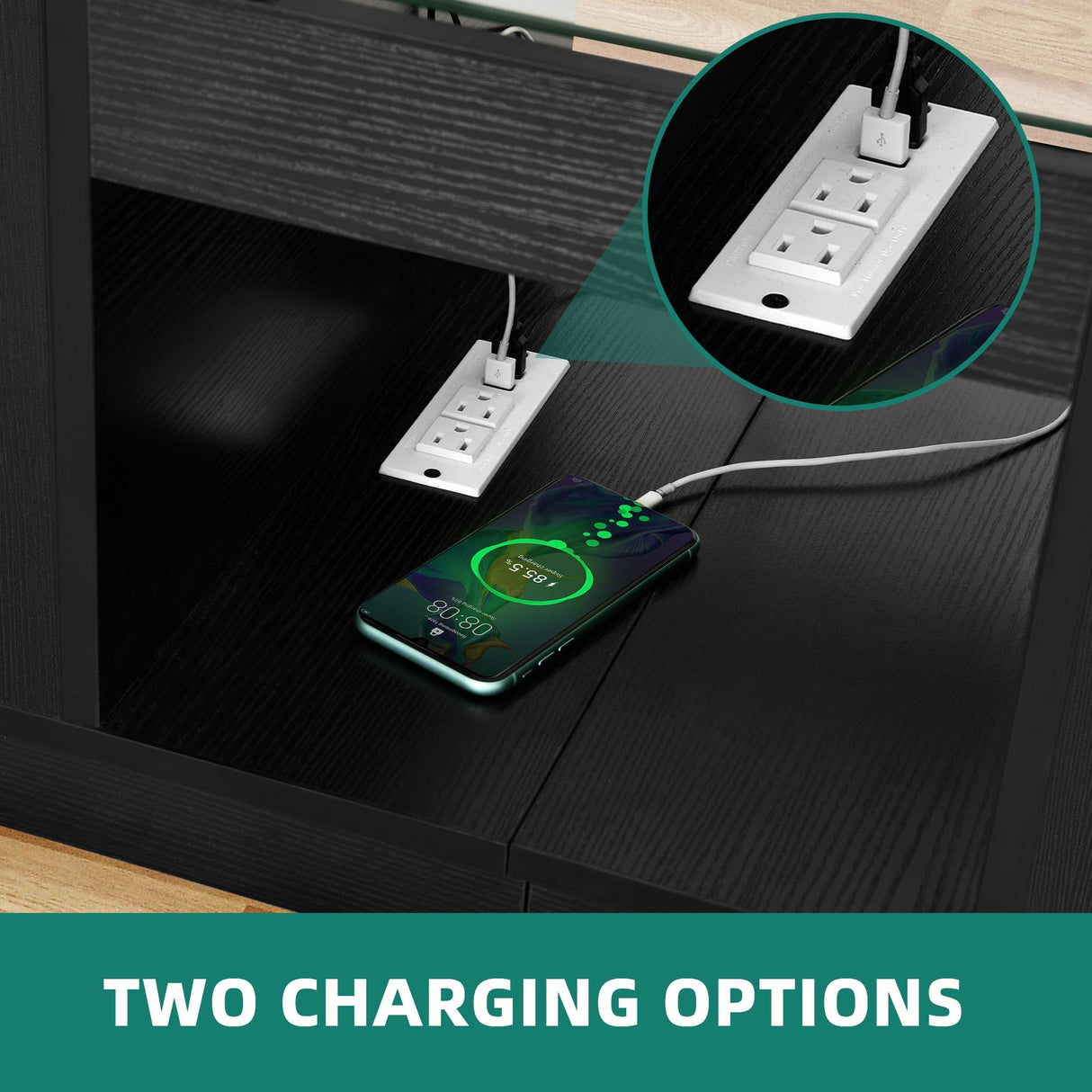 YITAHOME Modern Coffee Table with LED Lights, Rectangle Coffee Table with 2 Large Drawers, Spacious Glass Coffee Table, Upscale Large Living Room Table with Power Outlets and Remote Control, Black YITAHOME