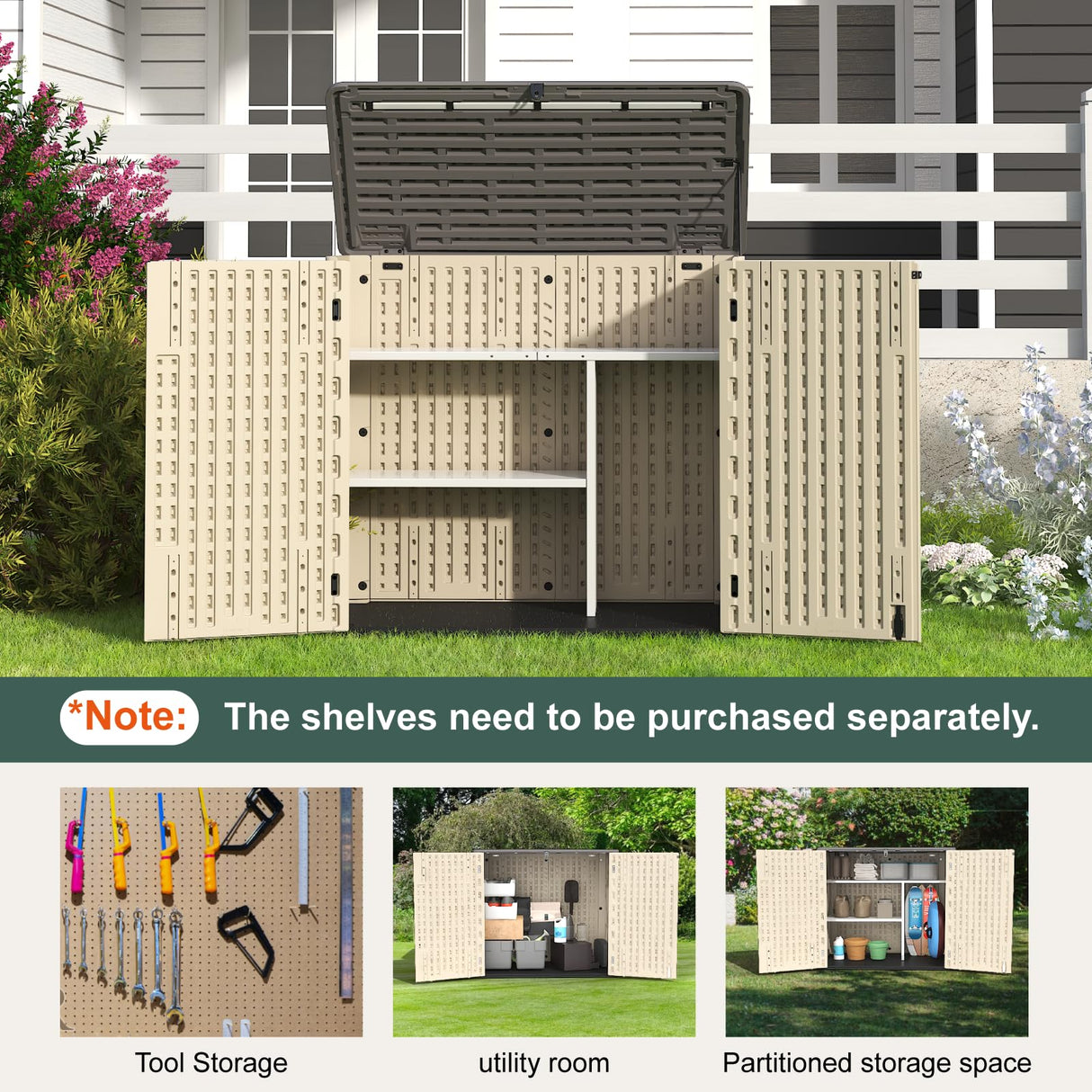 IWDOO 30 Cu.Ft Outdoor Storage Shed, Multi-Purpose Weather-Resistant Utility Shed for Garbage Cans, Lawn Mower, Garden Tools, Waterproof Resin Horizontal Cabinet with Pad-Lockable Doors (Khaki) IWDOO