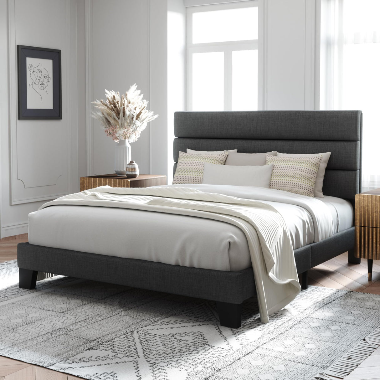 Allewie Queen Size Dark Grey Platform Bed Frame with Upholstered Headboard and Wooden Slats Allewie