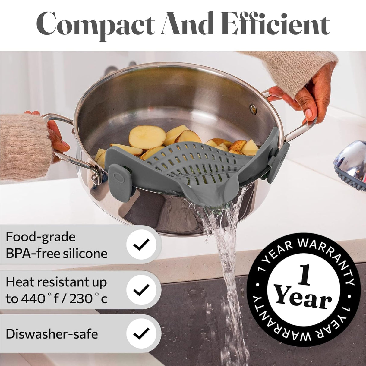 Kitchen Gizmo Snap N' Strain - Silicone Pasta Strainer Clip-On for Pots and Pans - Heat Resistant Colander for Vegetables and Noodles - Kitchen Gadgets for Cooking - Space-Saving Design - Grey Kitchen Gizmo