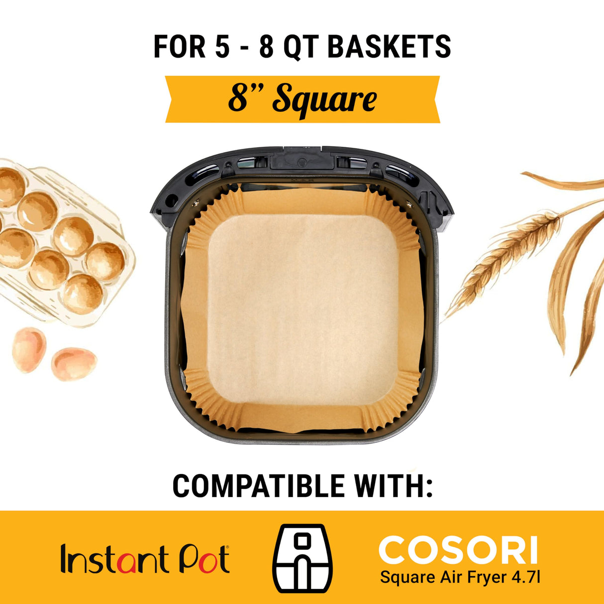 Air Fryer Paper Liners, 120Pcs Air Fryer Disposable Liners, Non-Stick and Oil Proof for Easy Cleanup, 8” Square for 5-8 qt Basket by Baker's Signature Baker's Signature