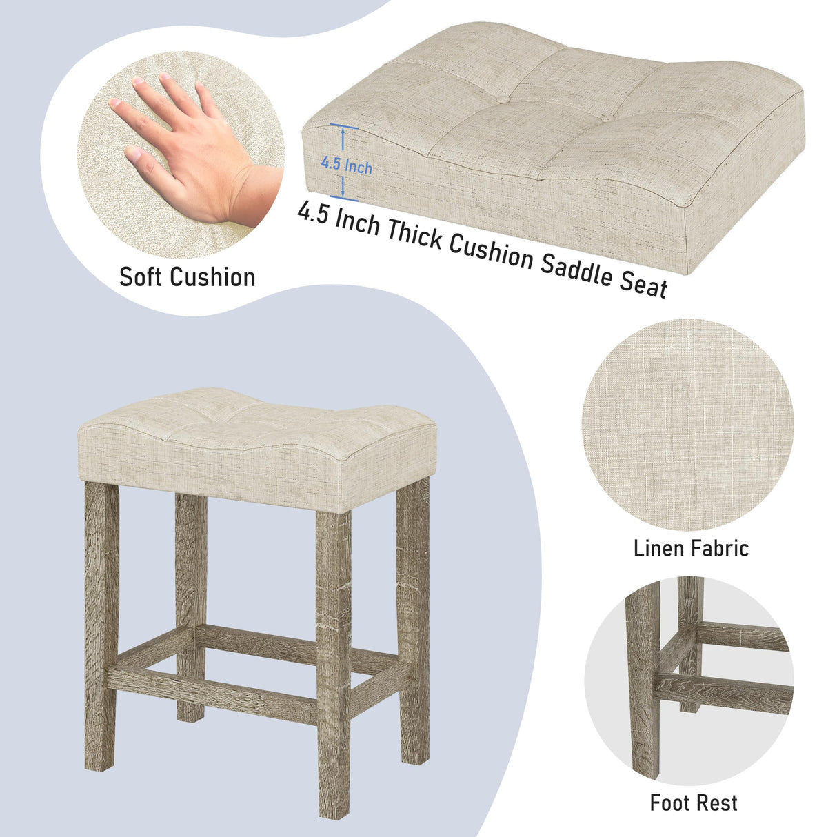 3-Piece Allamazing Natural Counter Height Bar Table Set with USB Ports and 2 Fabric Padded Stools allamazing