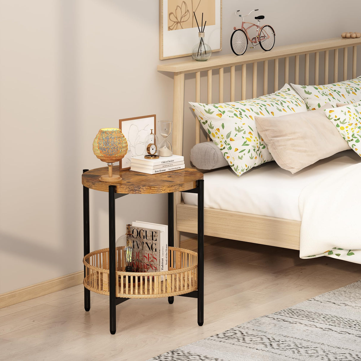 Lamerge 3 Pieces Coffee Table Set for Living Room, Boho Living Room Table Set with Rattan Storage Shelf and Metal Frame, Round Coffee Table & 2 End Side Tables for Apartment Home Office