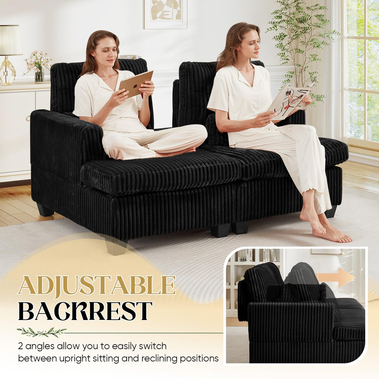 JEEOHEY Double Chaise Lounge Chair Indoor, 61" W Corduroy Small Loveseat Couch with Adjustable Backrest, Modern Comfy Couch, Deep Seat Sofa, Leisure Sleeper Sofa Bed for Living Room,Bedroom(Black) JEEOHEY