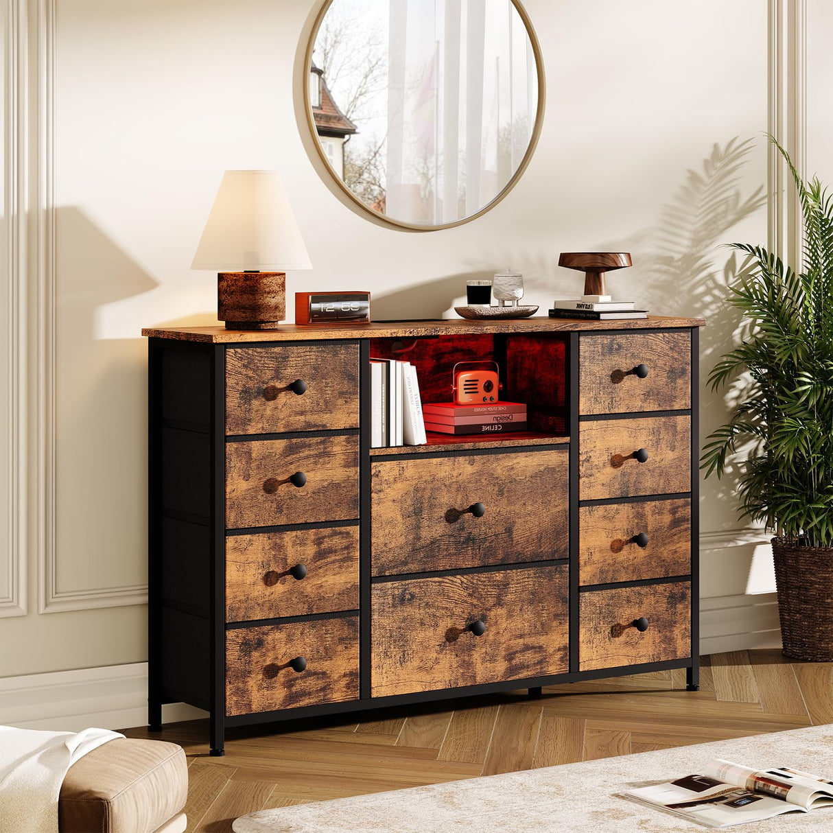 Dresser for Bedroom with 10 Drawers, Storage Organizer TV Stand for 55" TV with LED Lights and Sockets, Fabric Chest of Drawers with PU Finish for Kid Room, Entryway, Living Room, Hallway, Brown LIWEIJIA