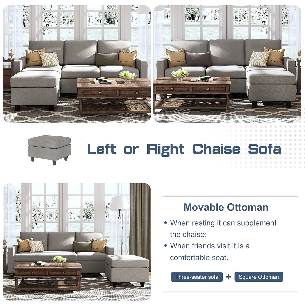 HONBAY Convertible Sectional Sofa, L Shaped Couch with Linen Fabric, Reversible Couch for Small Space, Light Grey HONBAY