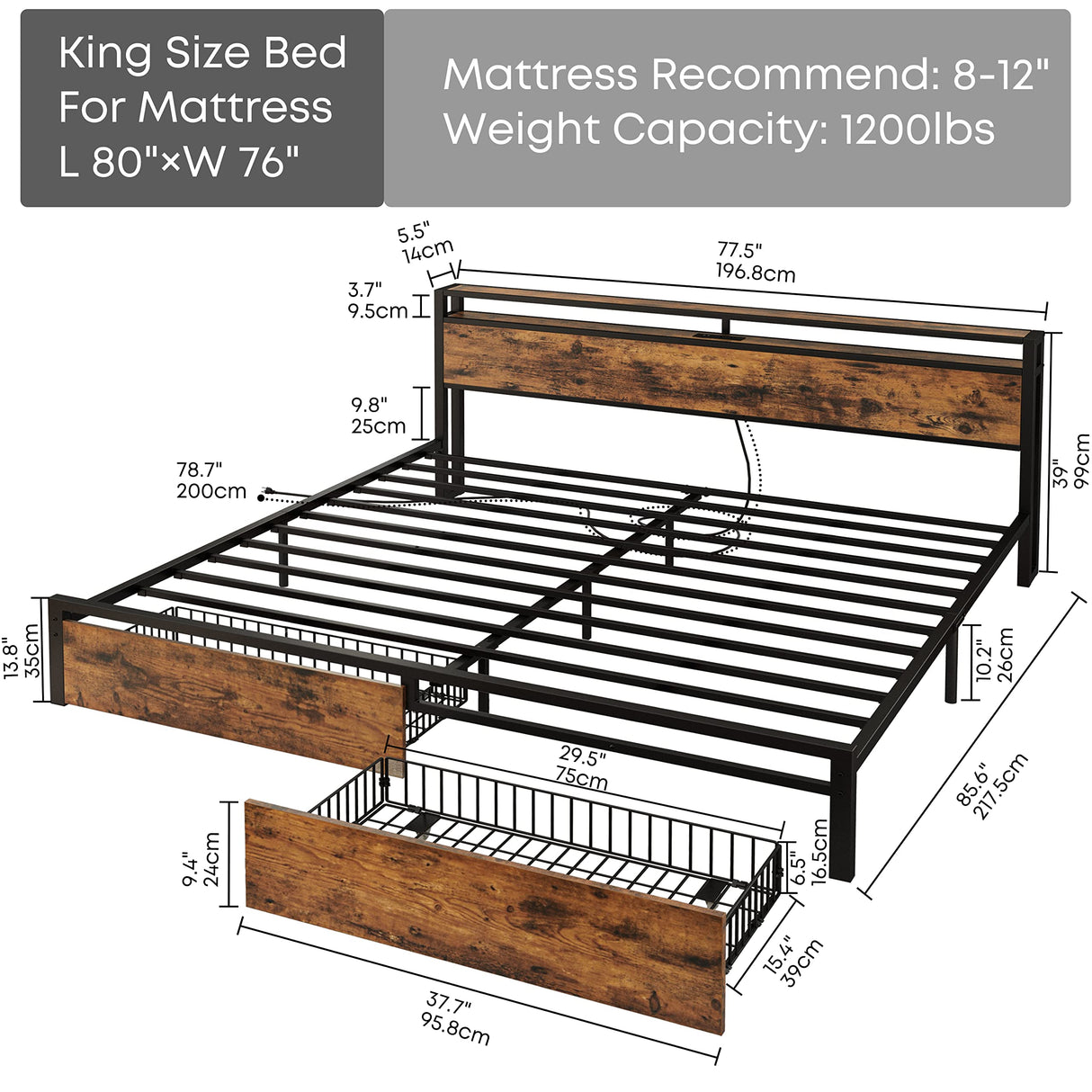 LIKIMIO Vintage Brown King Bed Frame with Storage Headboard and Charging Station LIKIMIO
