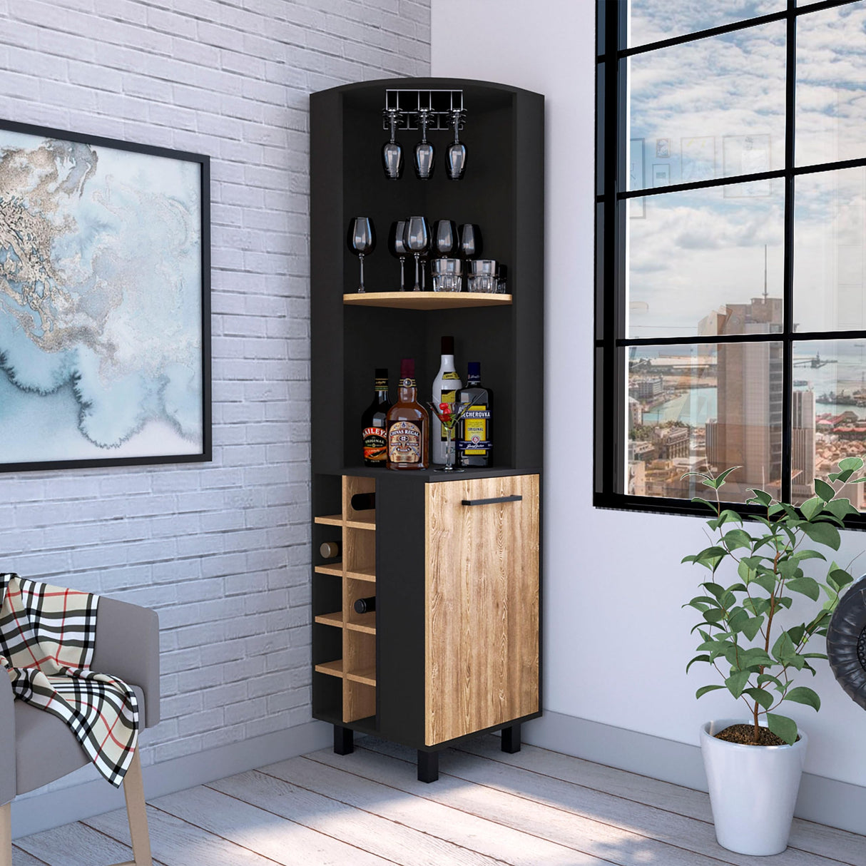 Tuhome Kaia Corner Bar Cabinet, Two Shelves, Ten Built-in Wine Rack, Single Door Cabinet, Two Interior Shelves, Black/Pine Tuhome