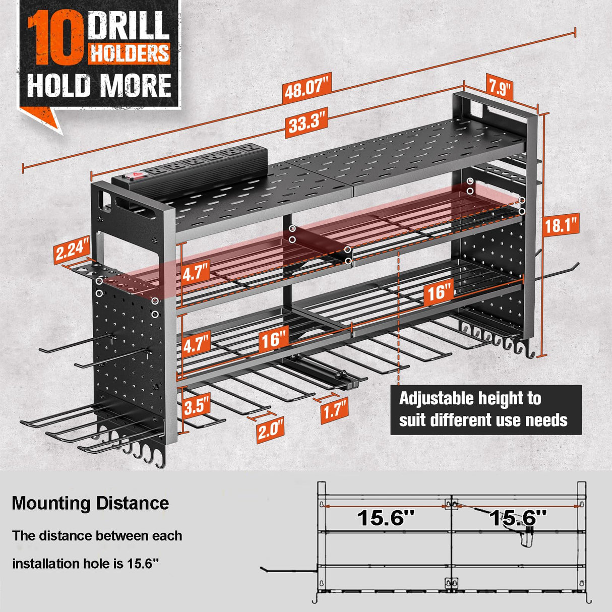 Heavy Duty Power Tool Organizer Wall Mount with Charging Station, Large Garage Organization with 10 cordless Drill Holder, 4 Layers Tool Organizers and Storage, Tool Rack with 6 Power Strip, Black Shomextol