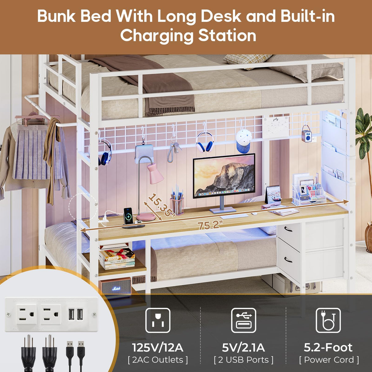 DICTAC Full Over Twin Bunk Bed with Desk and Led Lights Metal Loft Bed Frame with Charging Station,Storage Shelves and Drawers for Teen & Adults,Safety Guard & Ladder,No Box Spring Needed,White DICTAC