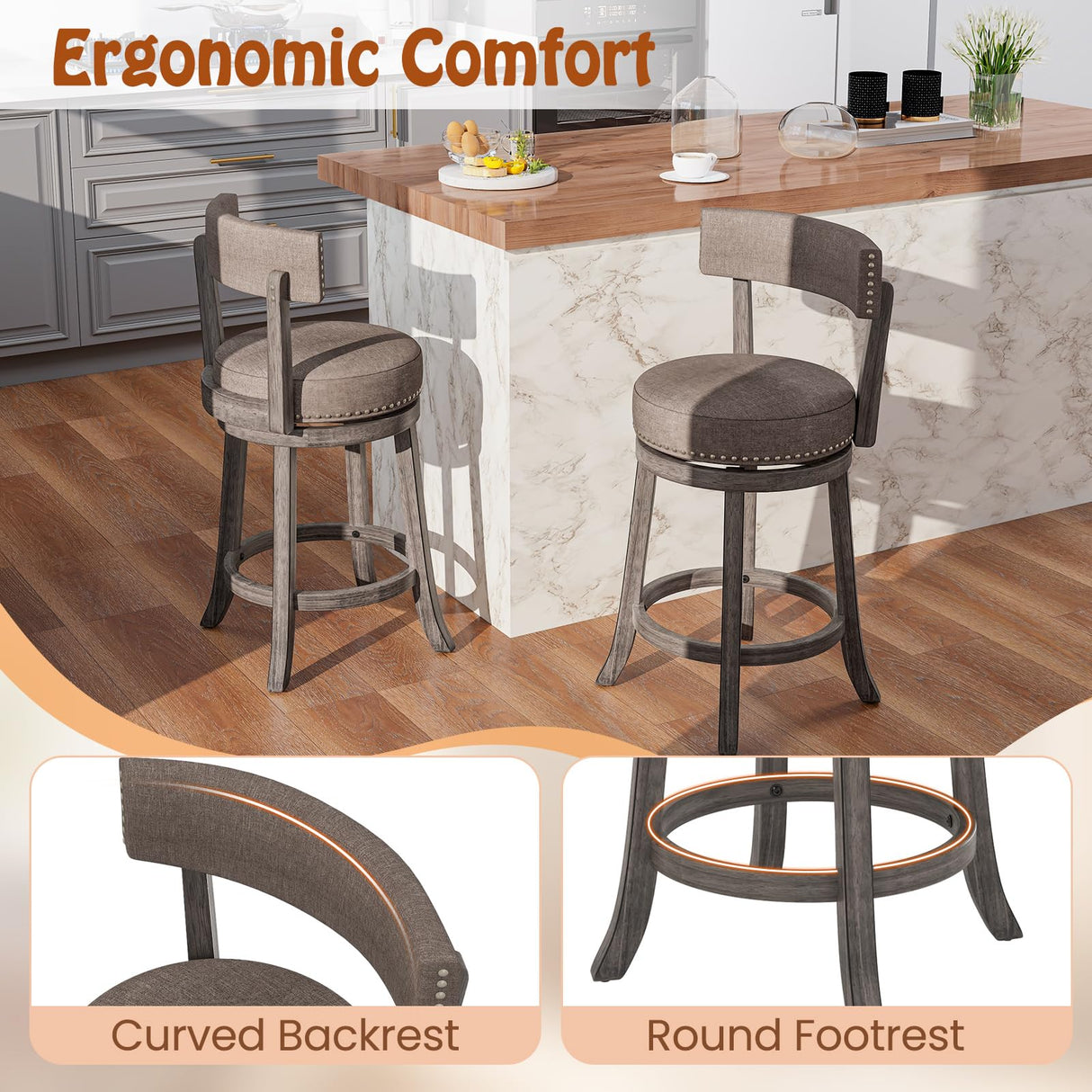 COSTWAY Bar Stools Set of 4, Upholstered Farmhouse Bar stools with Cushioned Seat & Backrest, Solid Wood Legs, Footrest, 26” Counter Height Swivel Stools for Kitchen Island, Pub (4, 26'' Seat Height) COSTWAY