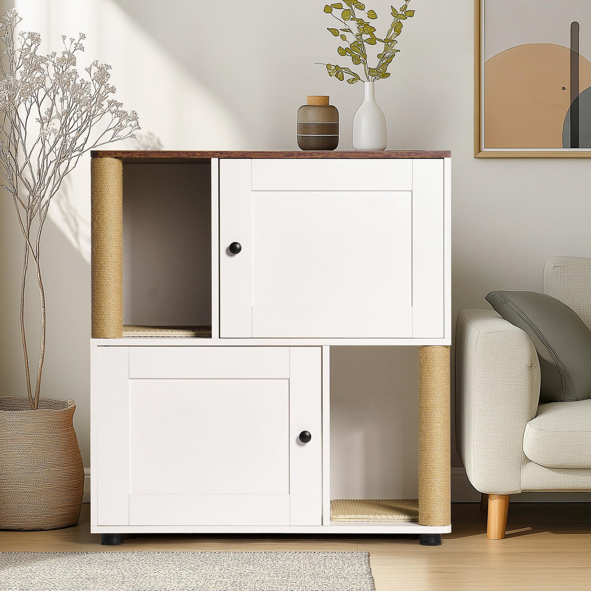 Litter Box Enclosure for 2 Cats, Hidden Litter Box Furniture with Double Room, Dog-Proof Litter Box Enclosure, Cat Washroom Furniture with Shelf and Cat Scratching Post, Suitable for Most Litter Boxes Fmlud