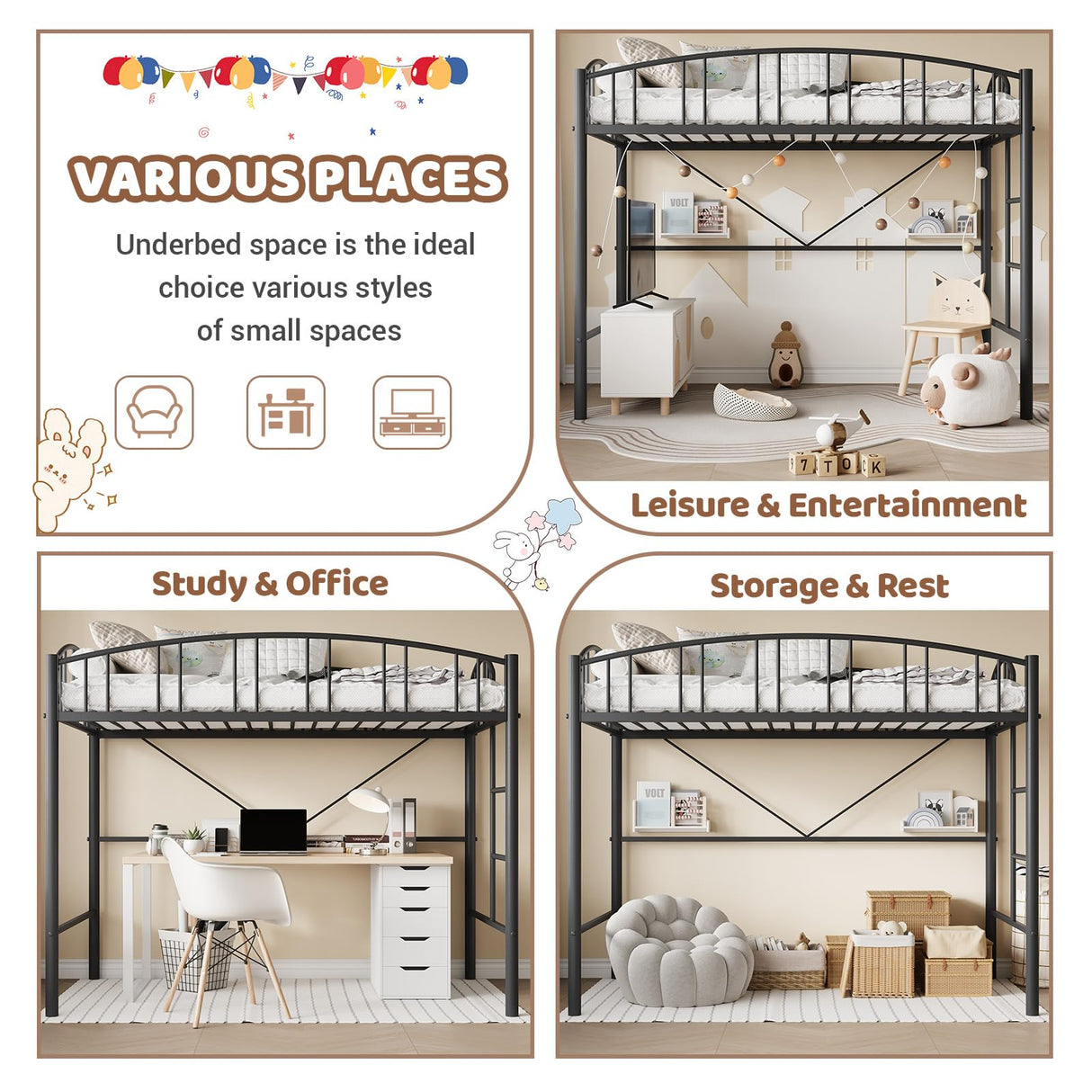 Garvee Loft Bed Twin Size with Ladde and Arched Guardrail, Heavy Duty Metal Loft Bed Frame for Kids and Adults, Sturdy Steel Slats Support, Small Space Saving Design, No Box Spring Needed, Black Garvee