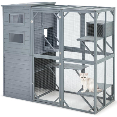 YDTOP Large Catio 4 Tiers Cat Enclosure House for Multiple Indoor Outdoor Cats with Weatherproof Roof, 4 Resting Rooms, 4 Platforms, 5 Windows, 70" H 32" W 77" L, Grey Green
