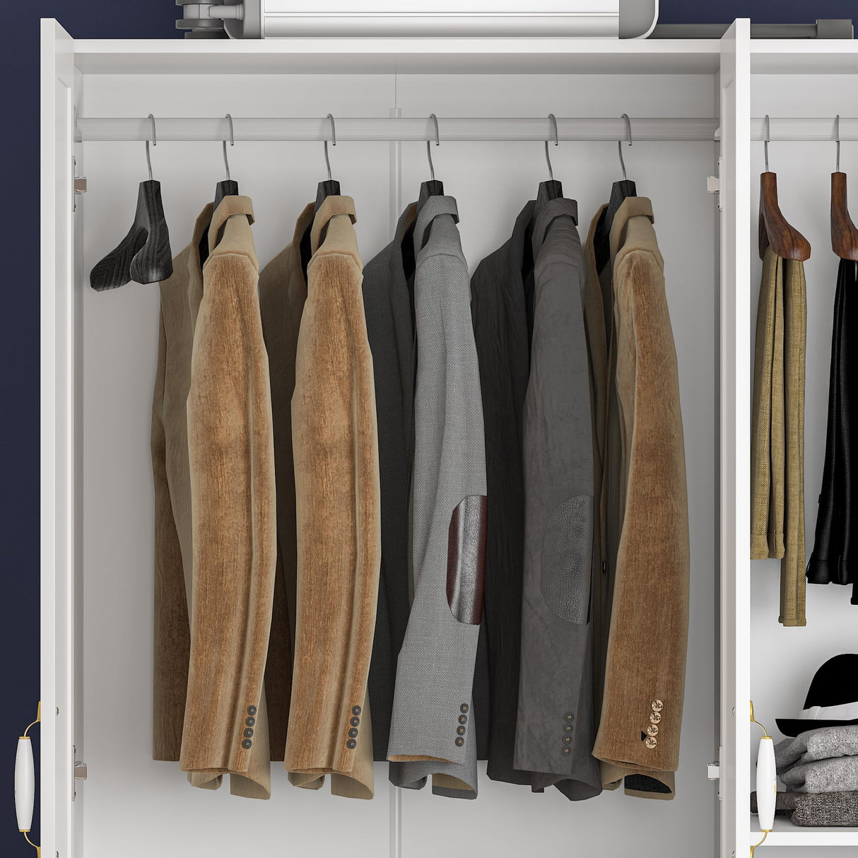 Homsee White Wardrobe Armoire Wooden Closet with 3 Doors, 5 Storage Compartments, 2 Hanging Rods & Decorative Handles for Bedroom Homsee