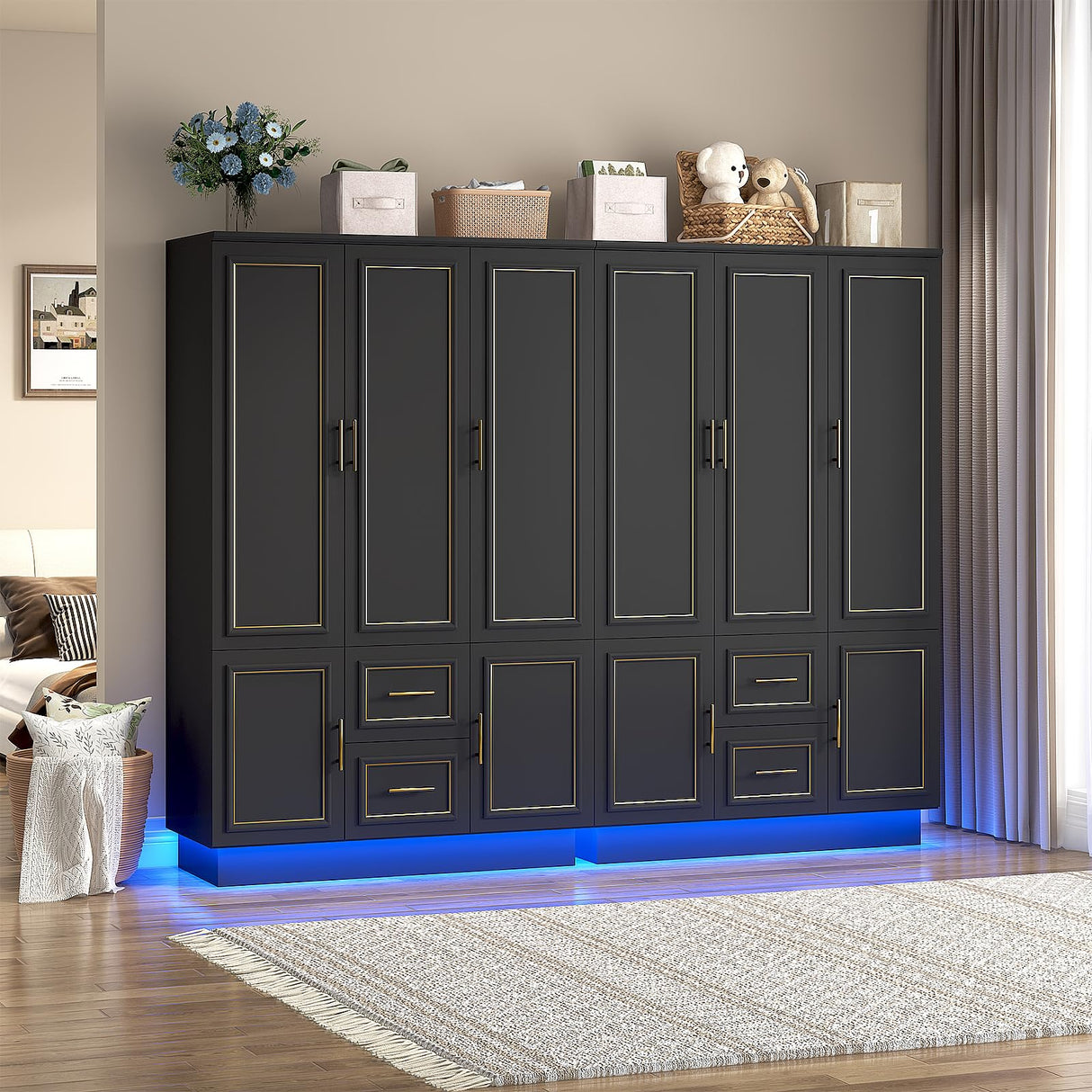 Hlivelood 75” Tall 3 Doors Armoire Wardrobe Closet with 2 Drawers and LED Lights, Modern Closet Wardrobe Cabinet with Shelves and Hanging Rod, Freestanding Wooden Armoire for Bedroom, Black Hlivelood