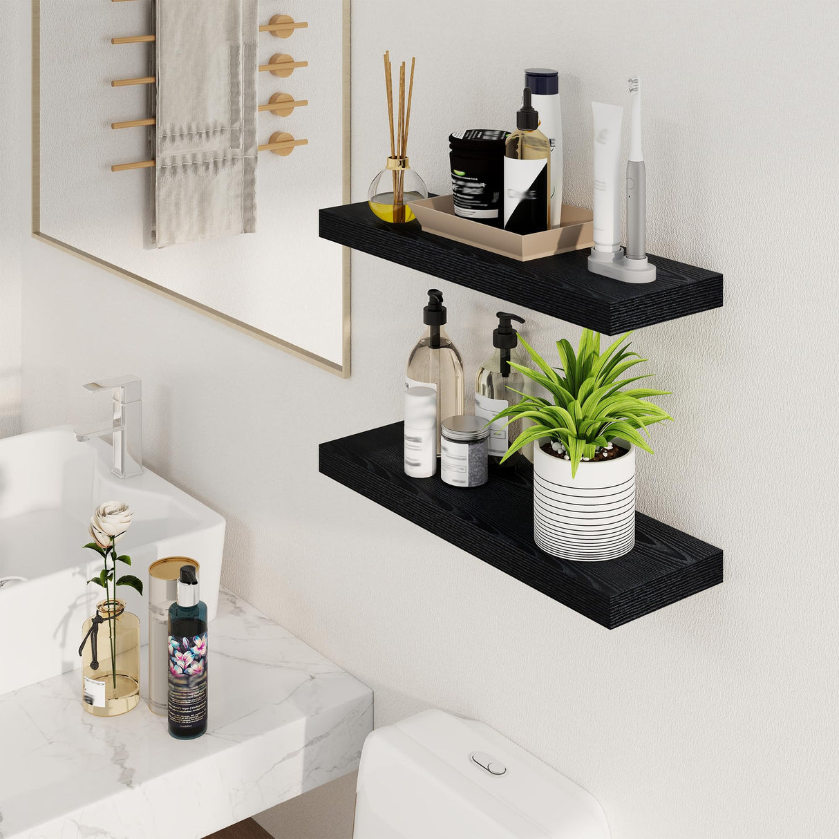 Fun Memories Floating Shelves for Wall, 24Inch Floating Shelves Set of 2, Hanging Shelf with Invisible Brackets, Wood Shelves for Living Room, Bedroom, Kitchen, Black Fun Memories