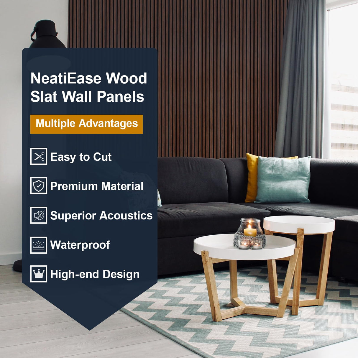 NeatiEase Wood Panels for Wall, 4-Piece 96" x 12.6" Soundproof Wood Slat Wall Panel for Interior Wall Decor Noise Cancelling, Wood Acoustic Wall Panels, Sound Absorbing Panel (Rustic Walnut) NeatiEase