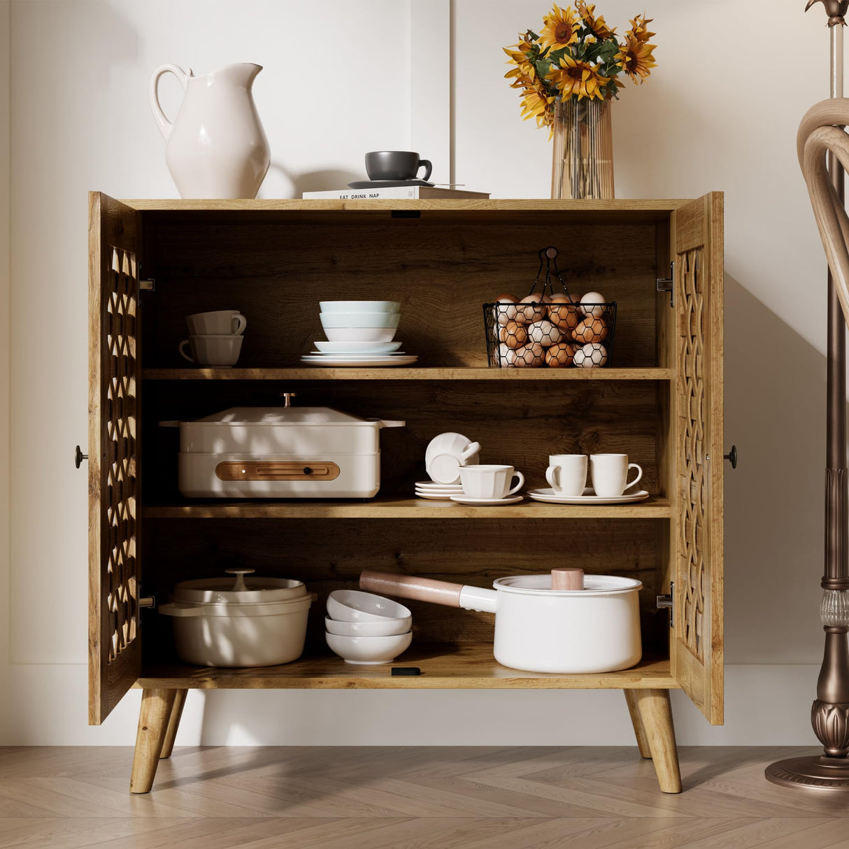 RoyalCraft Rattan Accent Cabinet with Doors, Farmhouse Buffet Entryway Cabinet with Oak Legs for Living Room, Natural Wooden Decorative Sideboard with Adjustable Shelf RoyalCraft