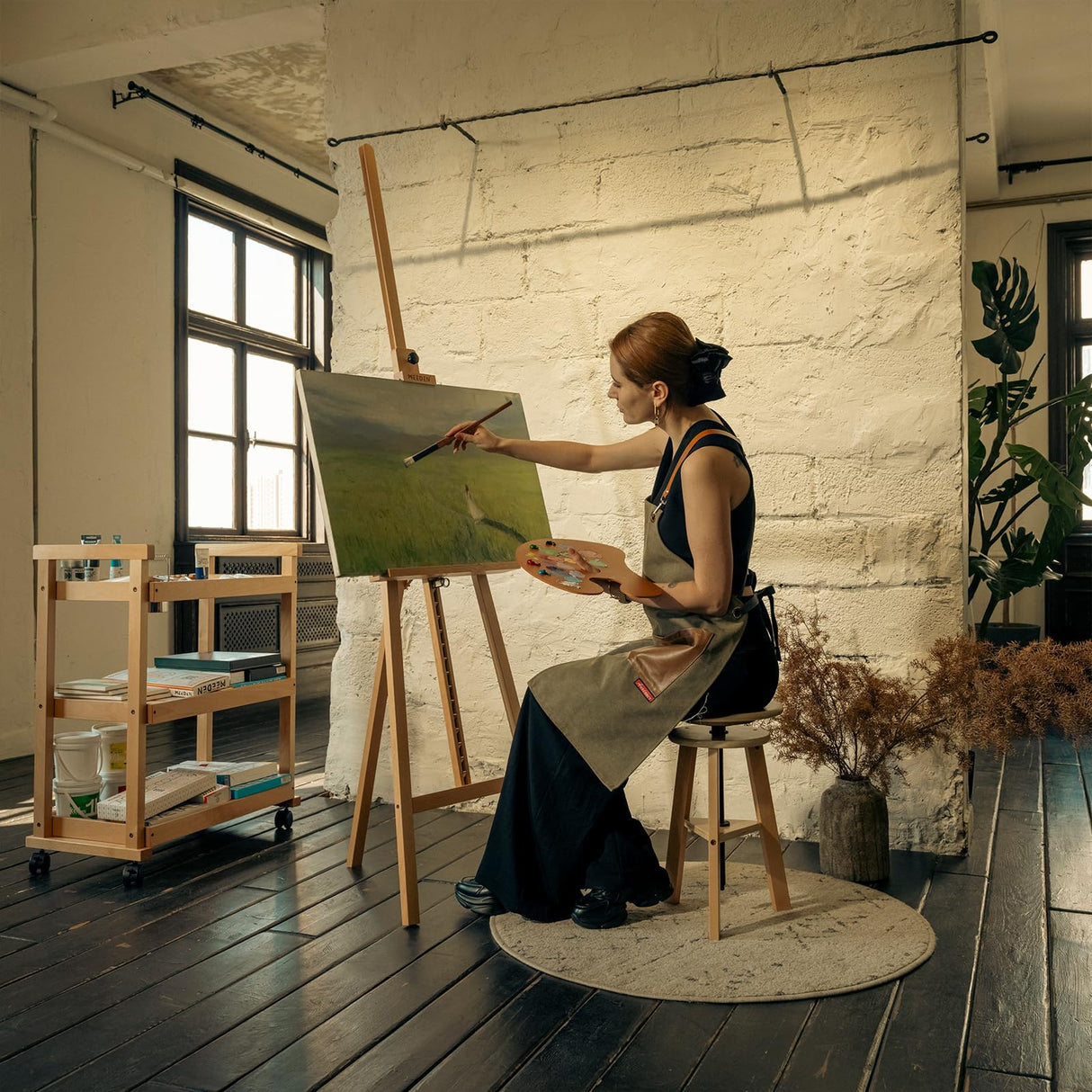 MEEDEN Painting Wooden Art Easel: Solid Beechwood Display Easel Stand Hold Canvas up to 43'' - Adjustable Easel from 57''-76" for Adults Student Studio Gallery - Natural MEEDEN