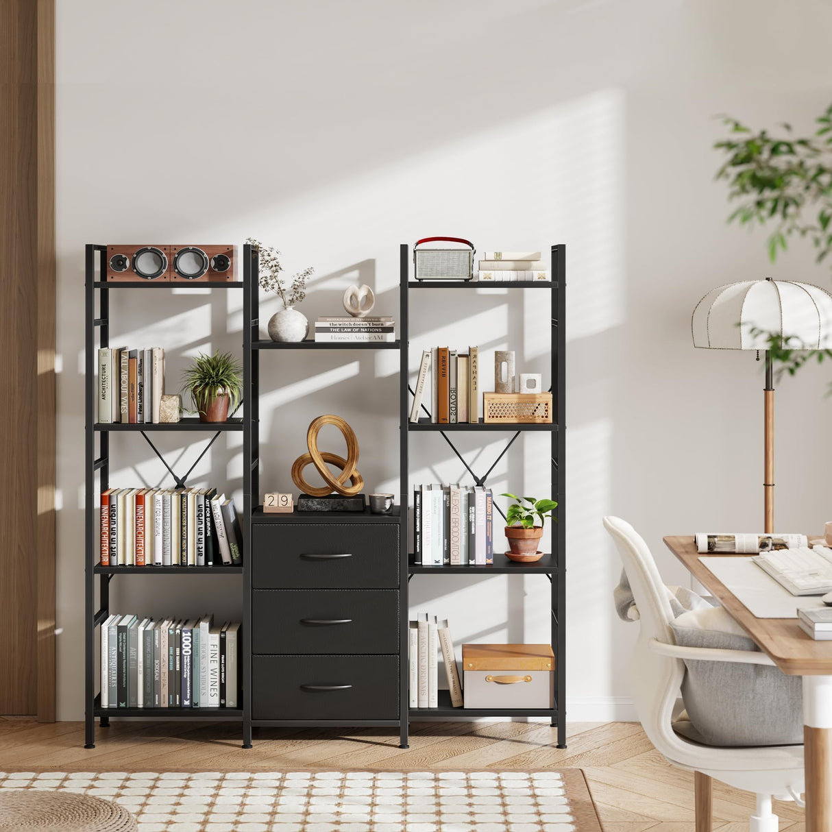 AFLUI Triple Bookshelf with 3 Fabric Drawers, 4-Tier Book Shelf and 10 Display Shelves, Industrial Large Bookcase for Home & Office, Black, 47'' Wide AFLUI
