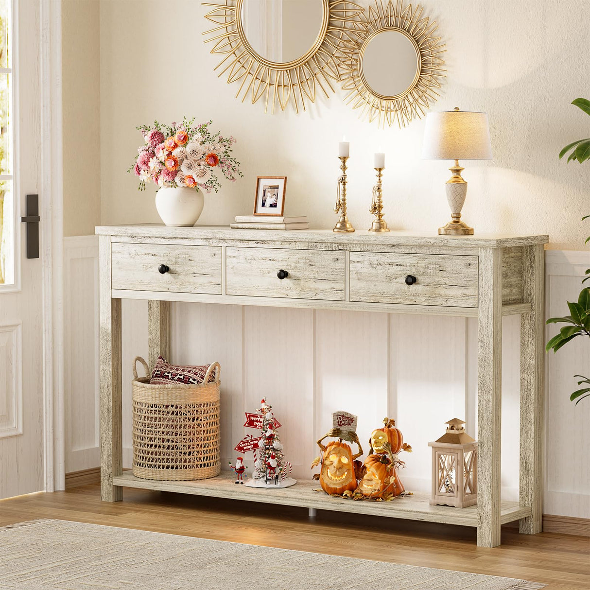 Homieasy Farmhouse Console Table with 3 Drawers, 47 Inch Wood Sofa Table with Storage Shelf for Living Room, Behind Couch, Entryway Table for Hallway, Living Room, or Foyer, Light Rustic Oak Homieasy