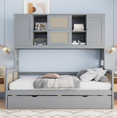 RuiSiSi Twin Size Daybed with Trundle & Storage, Solid Wood Corner Bed with Bookcase Headboard and Cabinets, Rattan Style Twin Day Bed Frame for Kids Teens Adults, Grey
