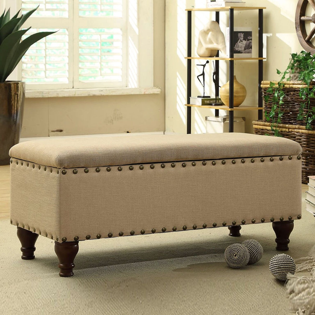 Homepop Home Decor | Upholstered Storage Bench with Nailhead Trim | Ottoman with Storage for Living Room & Bedroom | Decorative Home Furniture (Tan ) Large HomePop