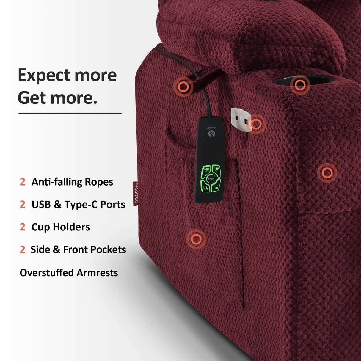 MCombo Dual Motor Power Lift Recliner Chair with Massage and Heat for Elderly People, Infinite Position, USB Ports, Cup Holders, Fabric 7890 (Medium, Burgundy) MCombo