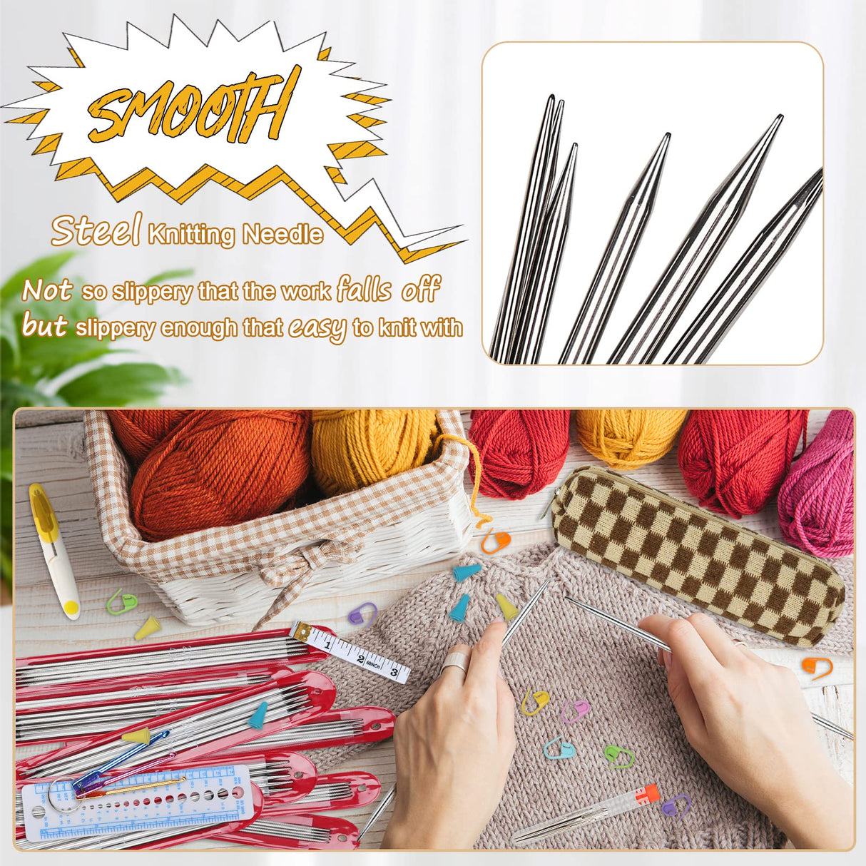 Aeelike 55pcs Double Pointed Knitting Needles - Short Knitting Needles Set Straight Knitting Needles Double Pointed for Beginners - 11 Sizes Stainless Steel Metal Knitting Needle Sets 2mm to 6.5mm Aeelike