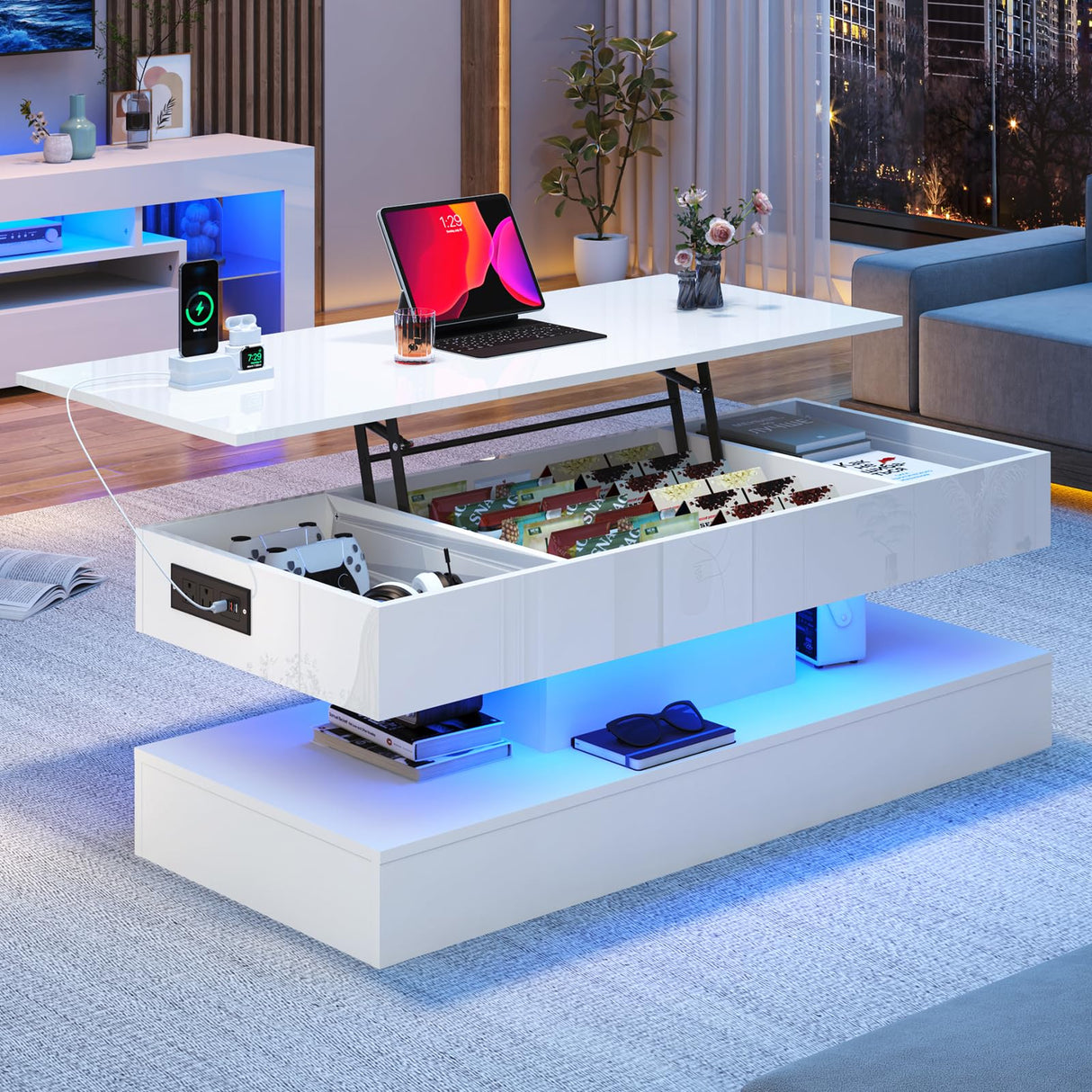 47.2" Large Lift Top Coffee Table,Modern High Glossy LED Coffee Tables for Living Room with Storage,Black Living Room Tables for Living Room,Dining Room,Bedroom Home Office,APP LED Lights(White) chartustriable