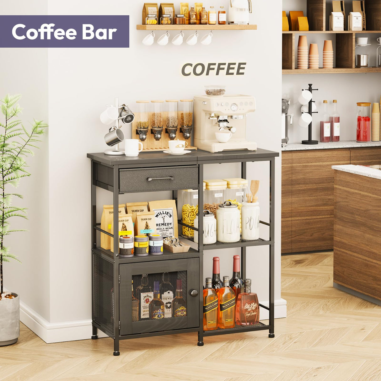 SWTYMIKI Coffee Bar Cabinet for Home - Farmhouse Coffee Stand Station Multi-Purpose Storage Cabinet with Adjustable Feet, Drawers - Kitchen Bar Table for Living Room, Corner, Small Space, Black SWTYMIKI
