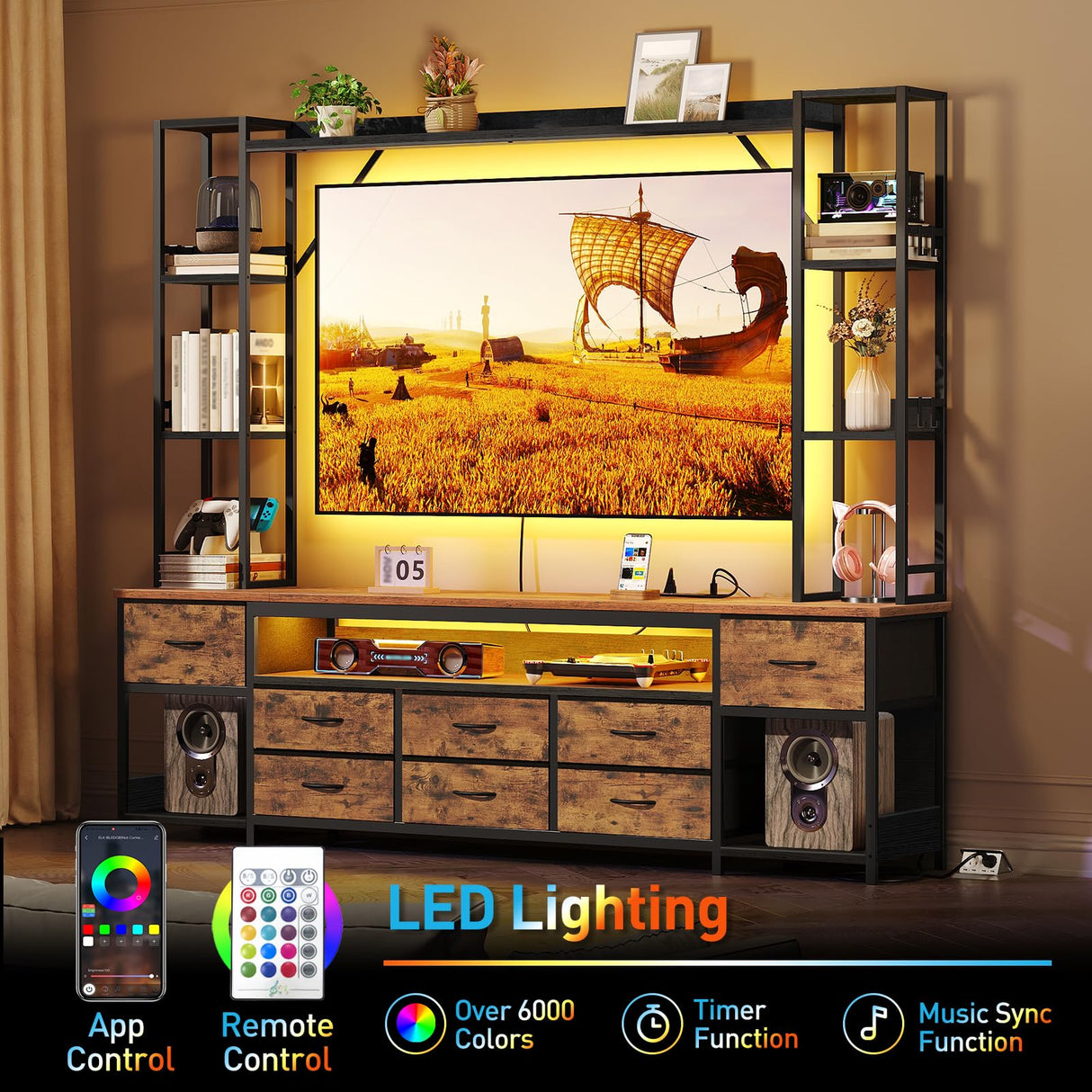 RALGEND TV Stand with Power Outlets to 65 Inches, LED Large Wall Unit Entertainment Center with Bookshelf, Dresser TV Stand with 8 PU Drawer, for Living Room, Bedroom, Rustic Brown and Black RALGEND