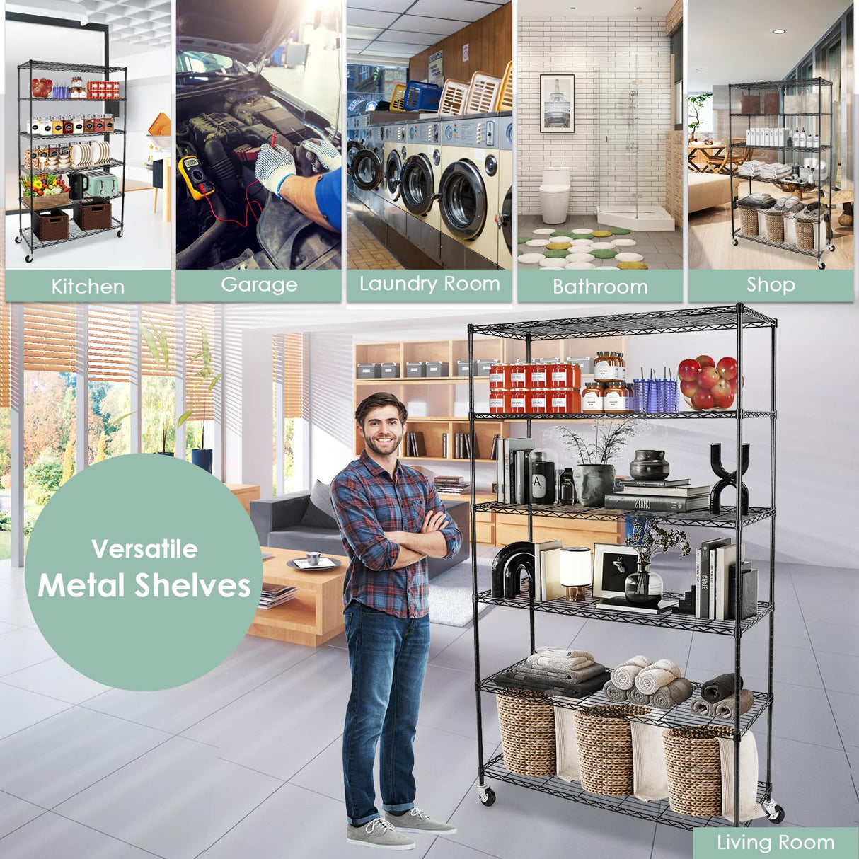 WDT 6 Tier Shelf Shelving Unit with Wheels,Adjustable Metal Shelves for Storage, NSF Black Wire Shelving Rack, 2100Lbs Capacity Heavy Duty Shelving Storage Shelves for Kitchen Garage,47" Dx17 Wx80 H WDT