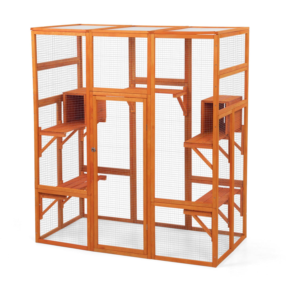 Catio Outdoor Cat Enclosure, Large Wood Cat Cage with Sunlight Top Panel, Perches, Sleeping Boxes, Wooden Cat Cage Condo Indoor Playpen, 62.6" L x 32.2" W x 70" H (Orange, Extra Large) GIYZOKNI