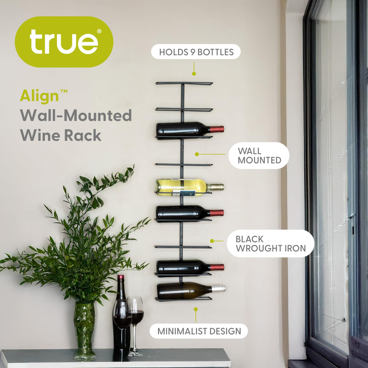 True Align Wall-Mounted Wine Rack, Black Wrought Iron, Minimalist Modern Wine Display, Alcohol Storage Solution, Holds Nine Standard Wine Bottles, 37.75" x 9.75" TRUE