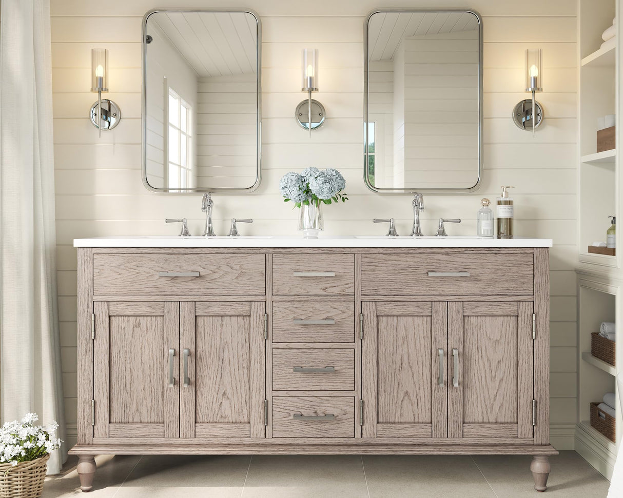 60" Solid Oak Double Sink Bathroom Vanity with Sink Combo, Antique Grey Oak Vanity Cabinet with Drawers & Adjustable Shelves, Easy Assembly AMERLIFE