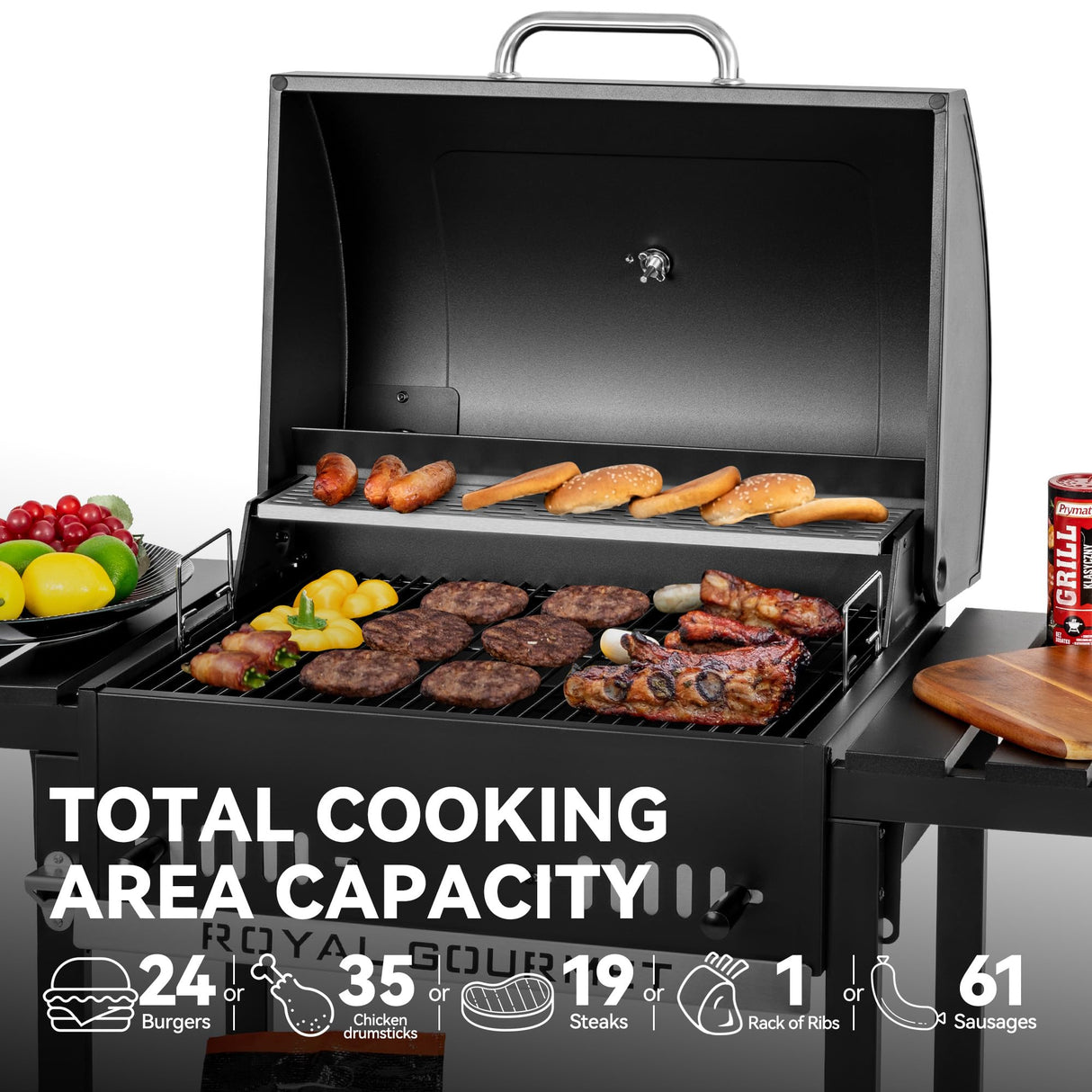 Royal Gourmet CD1824ET 24-Inch Movable Charcoal Grill with Foldable Side Tables, Outdoor BBQ Grill with 470 Sq. In. Cooking Area for Outdoor Picnic and Camping Grilling, Black Royal Gourmet