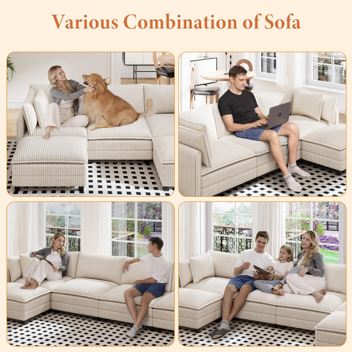 Vesgantti 109" U Shaped Cloud Sectional Sofa, Comfy Corduroy Upholstered Sectional Modular Sofas for Living Room, Modern Modular Couch with 2 Ottoman Deep Seat, Beige Vesgantti