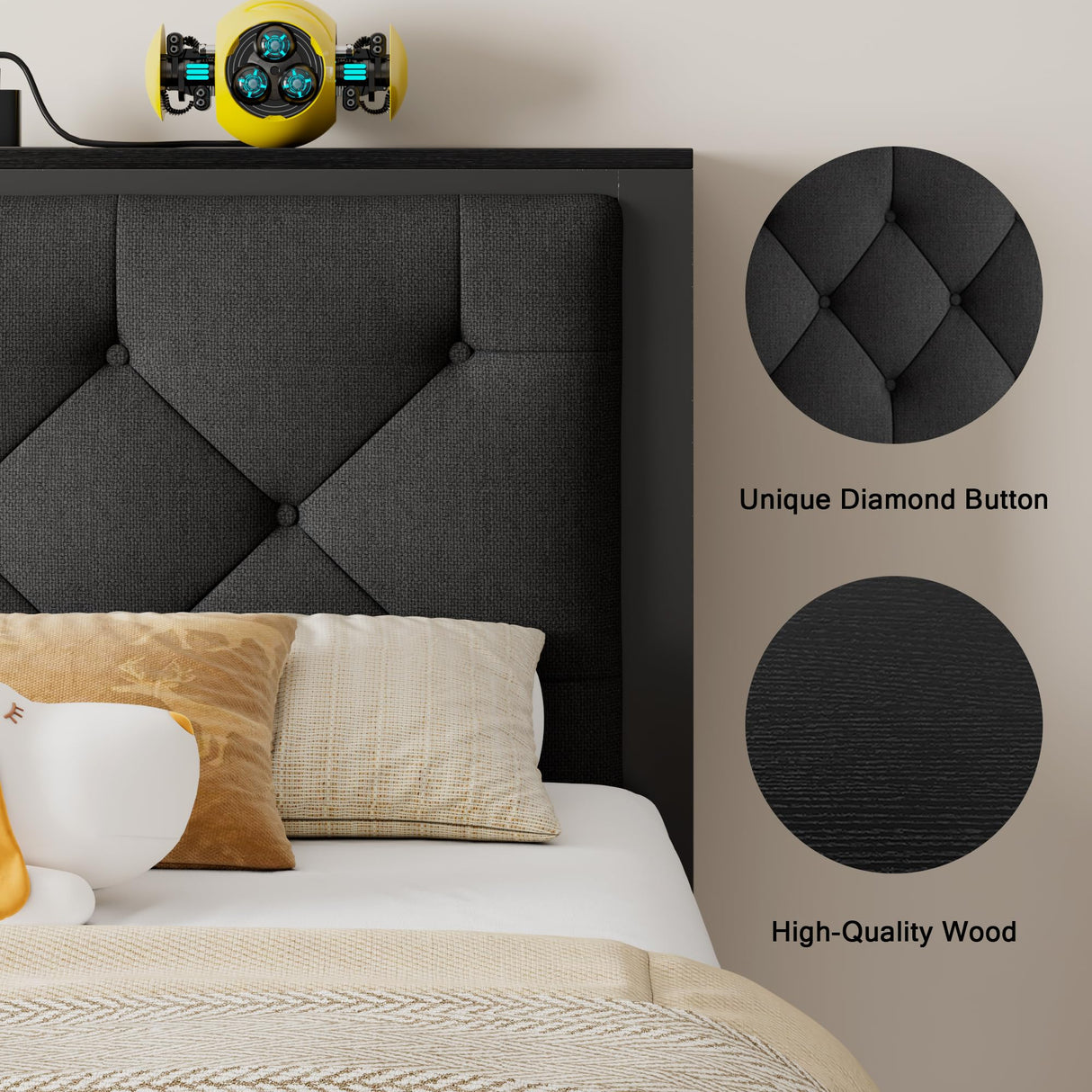 Einhomn Twin Bed Frame with Storage Drawer, Metal Platform Bed with Charging Station, Upholstered Button Tufted Storage Headboard, No Box Spring Needed, Noise-Free, Easy Assembly, Black Einhomn