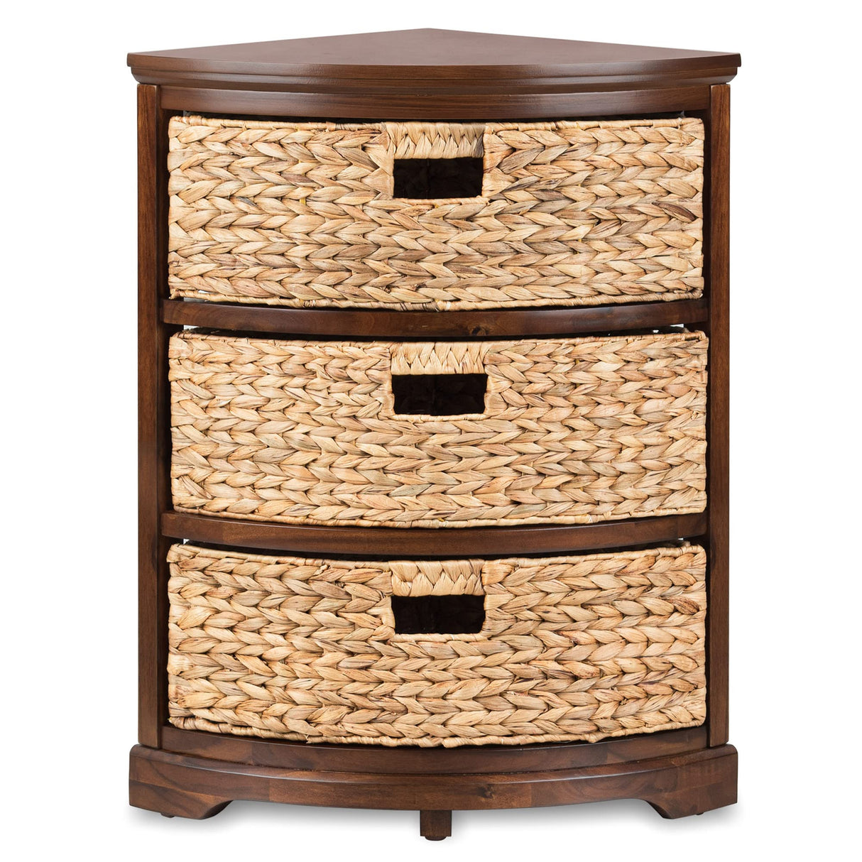 Hampton Meadows 3 Tier X-Side Corner Table Storage Cabinet with 3 Wicker Baskets, Walnut eHemco